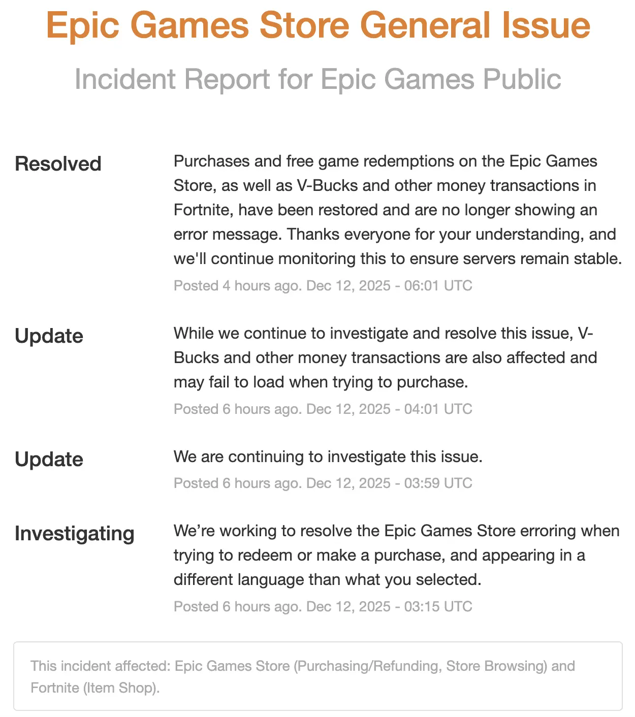 Epic Games Status Page