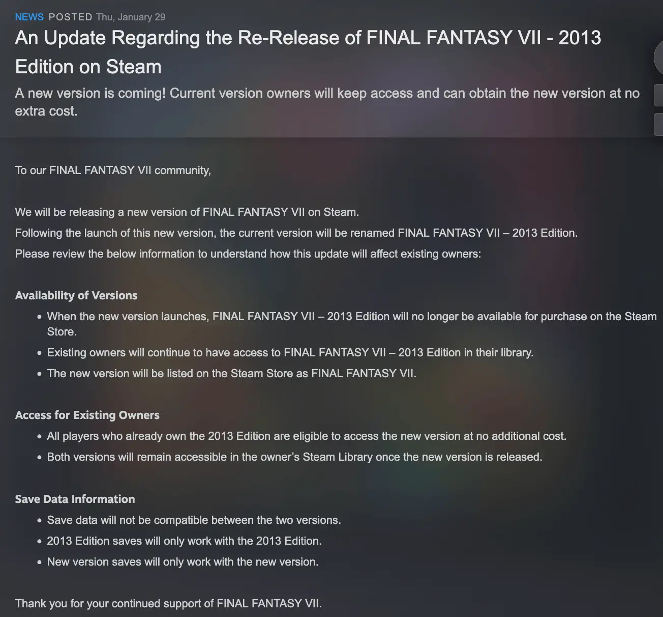 Final Fantasy VII Steam Announcement