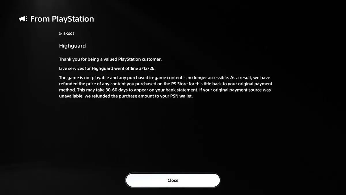 Highguard Playstation Refund